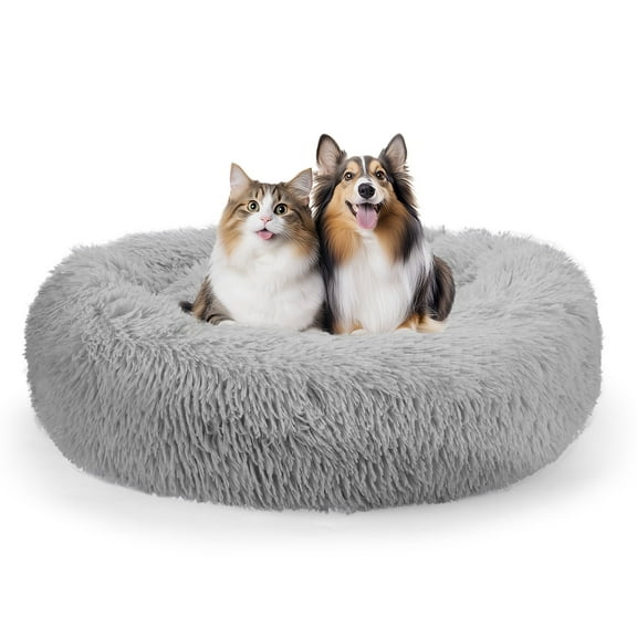 ZephyPaws Medium Calming Dog & Cat Doughnut Bed, 28" Anti-Anxiety Warming Cozy Soft Round Bed, Machine Washable Fluffy Faux Fur Pet Plush Cushion for Small Medium Dogs/Cats, Grey