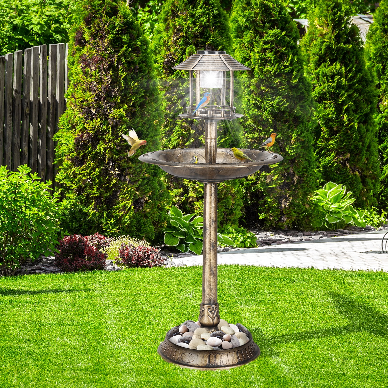ZephyPaws Outdoor Bird Bath,Garden Bird Baths Decorations with Solar-Powered Lamp and Resin Pedestal Flower Planter Base Bird Feeder for Yard Patio,Brown