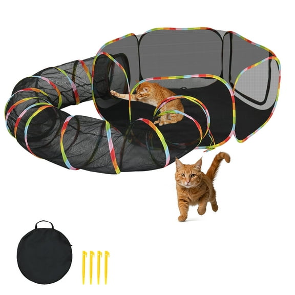ZephyPaws Outdoor Cat Enclosures with Tunnel - 2-in-1 Portable Cat Playpen Tent for Indoor/Outdoor Use, Breathable Mesh Pet Playpen for Cats, Rabbits & Small Animals (Rainbow Color)