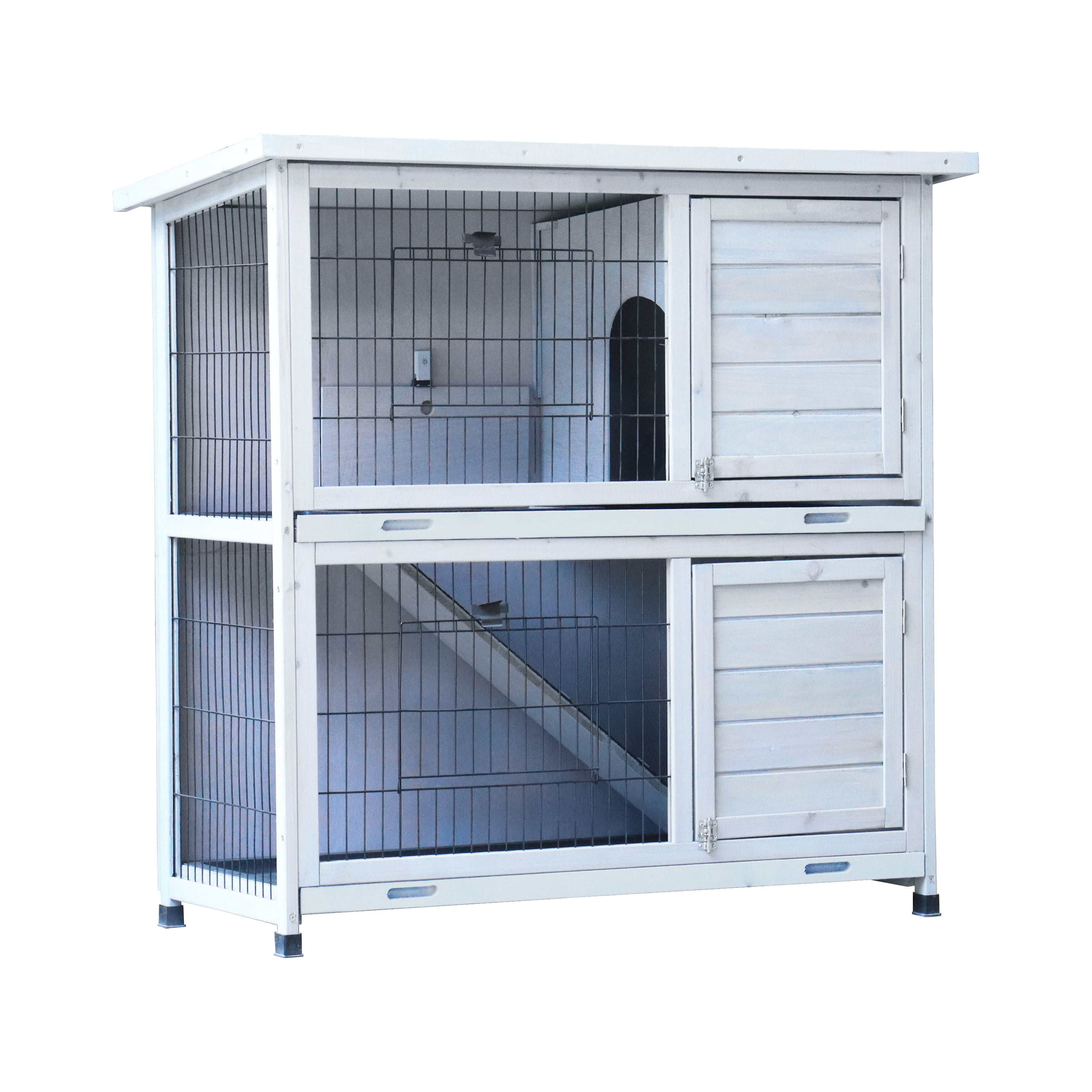 ZephyPaws Rabbit Hutch Outdoor,2-Story Chicken Cage Indoor with Run,Bunny Cage with 2 Removable Trays,Pet House with Non-Slip Ramp, Waterproof Roof,White