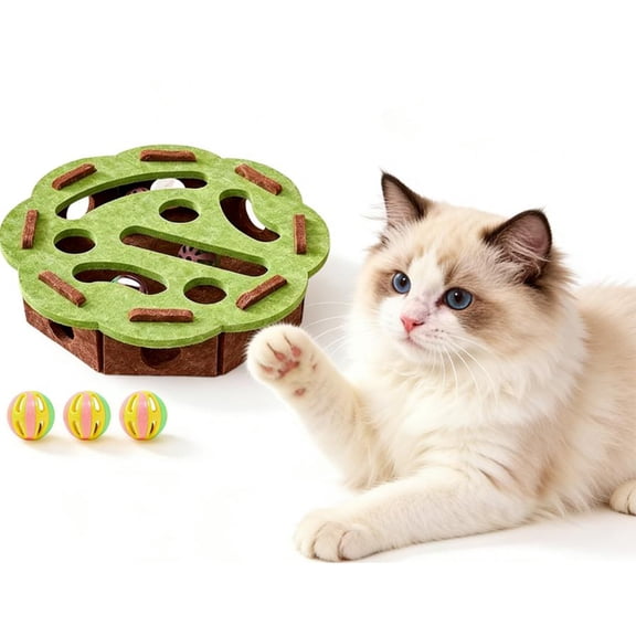 ZephyPaws Satisfy Your Cats Wild Instinct Restore,The Natural Hunting Cycle Interactive Cat Puzzle Toy for Indoor Cats Felt Cat Scratch Puzzle Enrichment Box with 3 Metal Bell Balls (Green, Round)