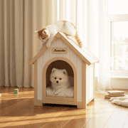 ZephyPaws Solid Cedar Pet House,Cream Yellow Cabin Style Indoor Shelter for Small Dogs & Cats,Durable Non-Toxic Wooden Pet Home with Easy Assembly