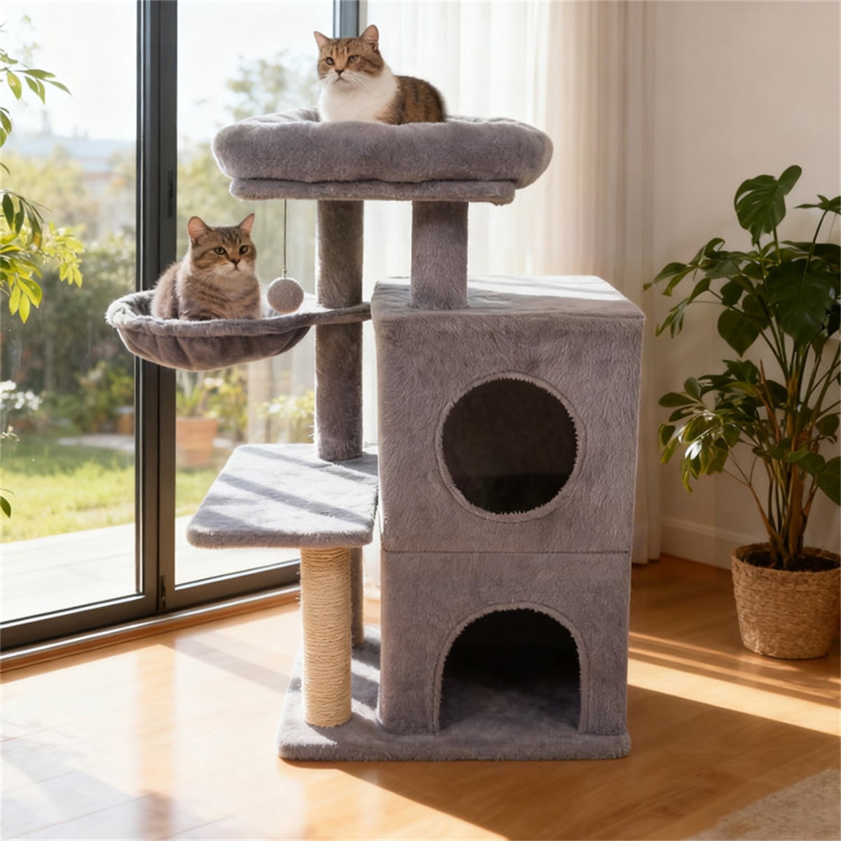 ZephyPaws Tall Cat Tree Tower for Indoor Cat, 35in Multiple-Level Cat Condo with 2 Caves, Cat Scratching Posts,Perches,Gray