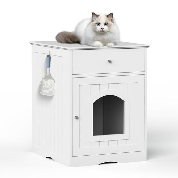 ZephyPaws Wooden Cat Litter Box Enclosure,Large Cat Washroom End Table with Drawer,Cat House Storage Cabinet,Hidden Litter Box Furniture,White
