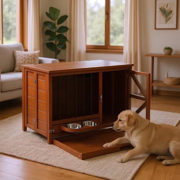 ZephyPaws Wooden Dog Crate Furniture,33" Wooden Dog Kennel with Removable Tray & 360° Rotating Feeder,Multi-Functional Dog Cage End Table for Small & Medium Dogs,Portable Pet Cage,Brown