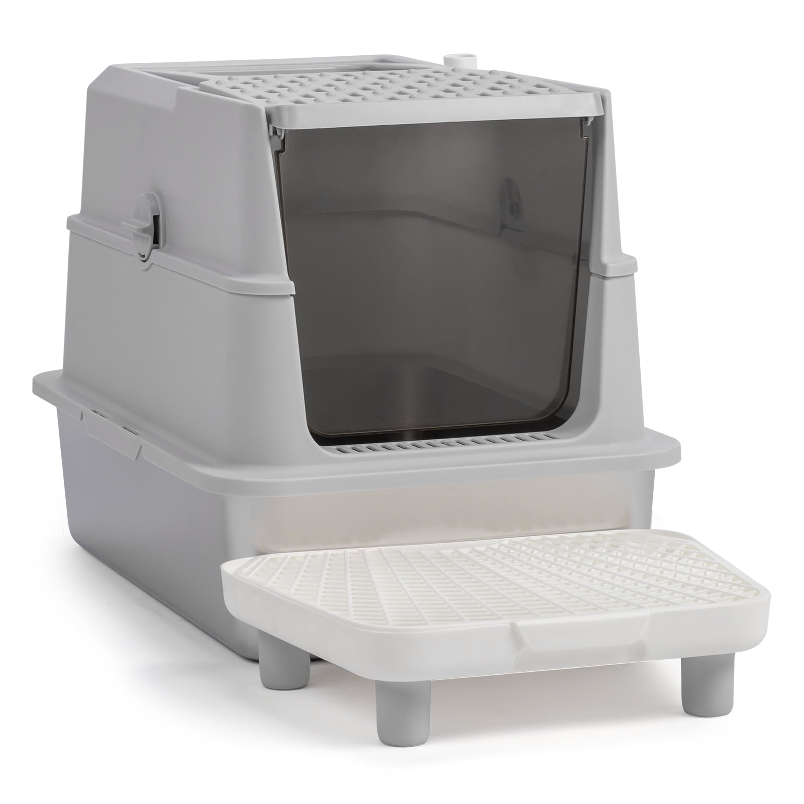 ZephyPaws tainless Steel Litter Box，with Lid High Wall Sides Enclosure, Non-Sticky, Anti-Leakage, Easy Cleaning, with Cat Mat & Metal Scoop, Easy to Clean