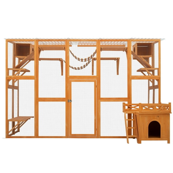 Zephypaws 118" Weatherproof Outdoor Catio Cat Enclosure with PVC Roof, Natural Wood Cat House, Multi-Level Playground & Litter Box Compatible