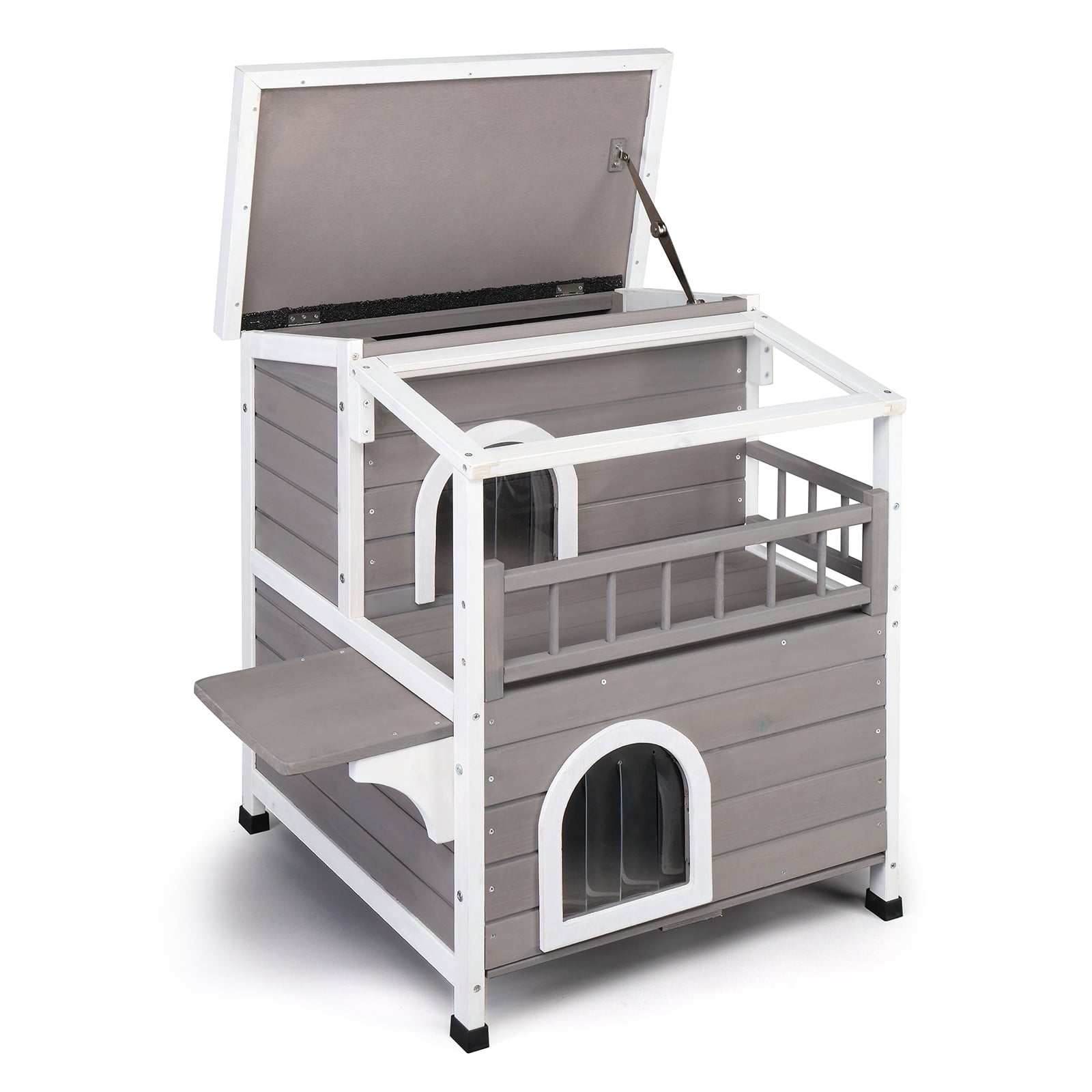 Zephypaws 2-Story Cat Shelter House with Transparent Canopy & Large Balcony, Indoor Outdoor, Grey & White