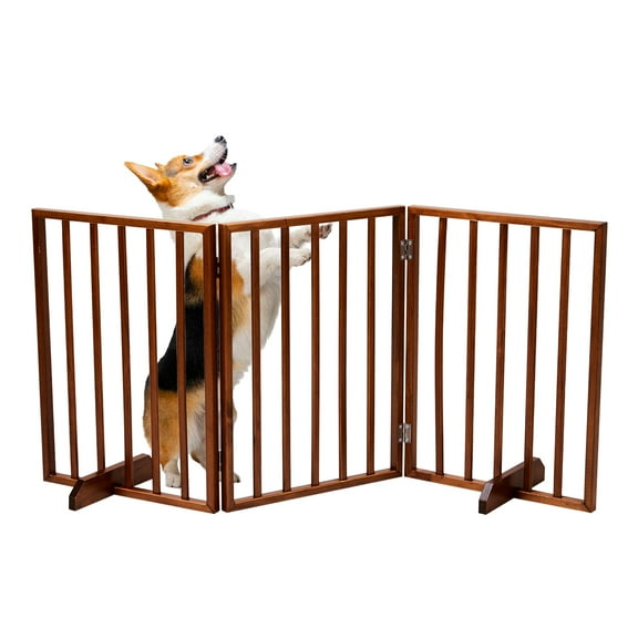Zephypaws 24"H Free Standing Pet Gate for Dog Cat, Wooden Dog Gates for Doorway, Stairs, Foldable Pet Fence for the House, Expandable Dog Barrier, Indoor Use, 3 Panels Brown