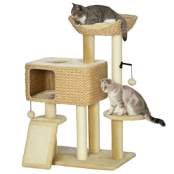 Zephypaws 39in PE Rattan Cat Tree with Big Perch,Breathable Woven Condo,Extra Long Sisal Scratching Post,Washable Cushion,Natural Cooling Design for Indoor Large Kittens,Beige