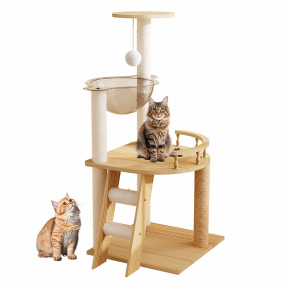 Zephypaws 42in Solid Wood Cat Tree Tower with Scratching Post,Tall Cat Towers with Ladder and Scratcher Ball,Space Capsule and Perch for Indoor Cats.