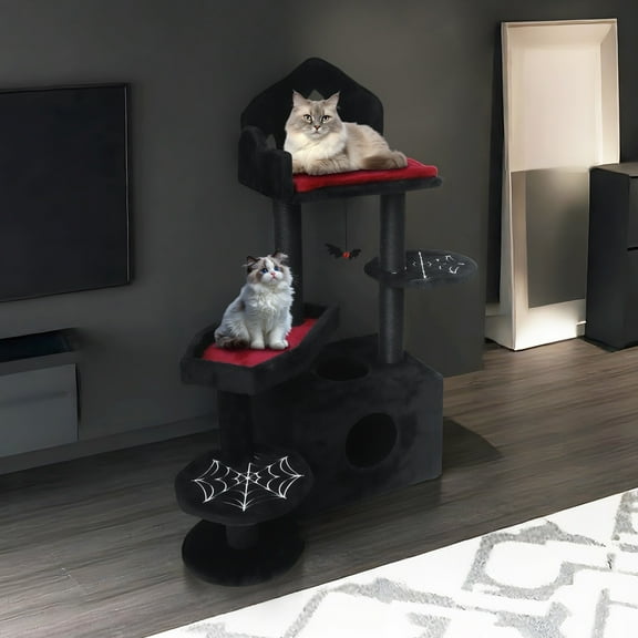 Zephypaws 45in Gothic Cat Tree with Coffin Bed, Black Cat Tower with Spooky House & Scratching Posts, Halloween Themed Cat Furniture for Indoor Cats, Multiple Platforms and Perches