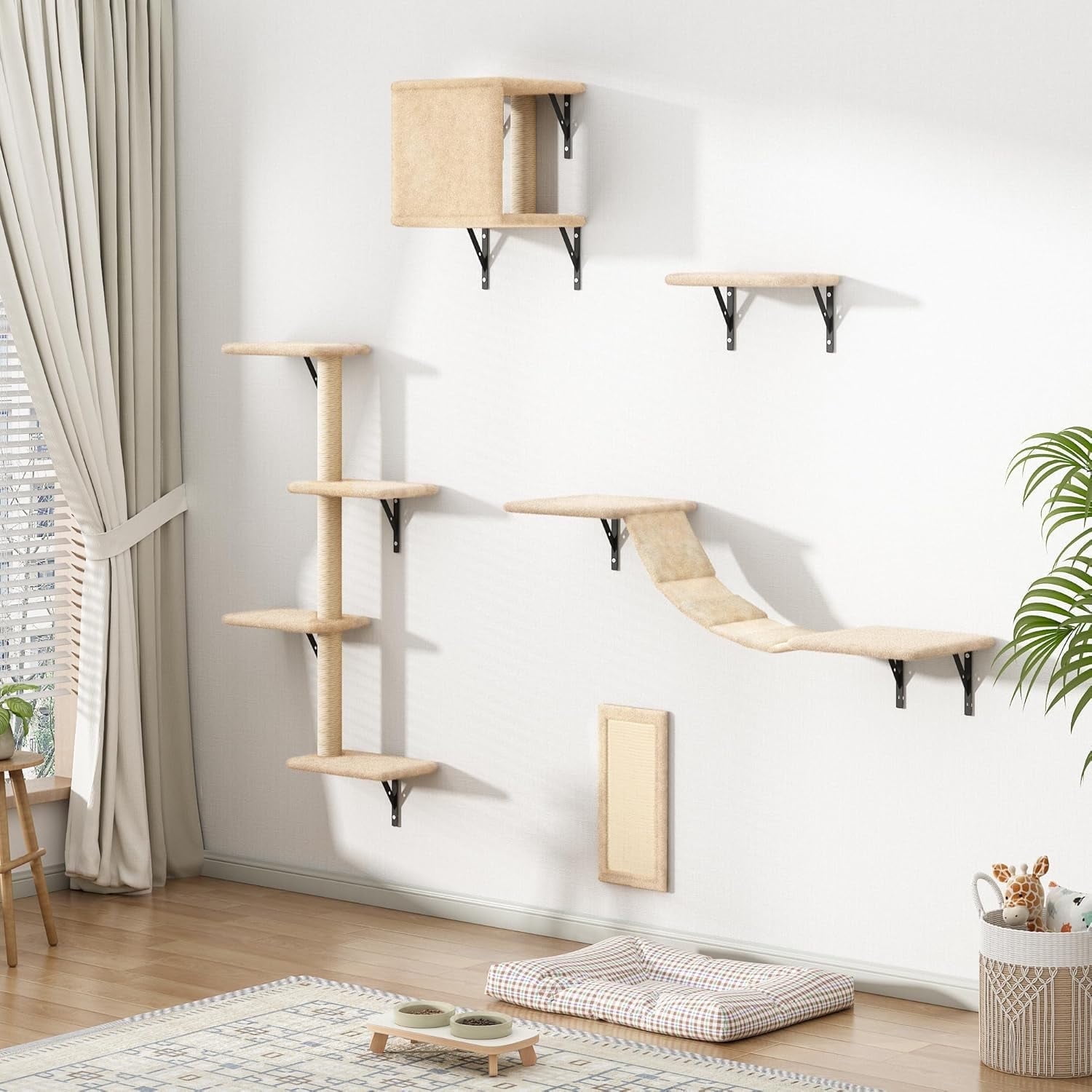 Beige Wall Mounted Cat Tree Set with Sisal Posts