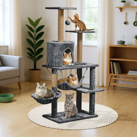 Zephypaws 52" Cat Tree for Large Cats - Multi-Level Cat Tower with Scratching Posts, Perches, Hammock & Basket - Sturdy Cat Condo for Indoor Cats - Dark Gray Plush & Sisal Climbing Tree