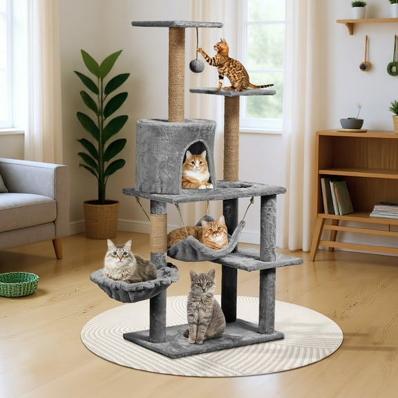 Zephypaws 52" Cat Tree for Large Cats - Multi-Level Cat Tower with Scratching Posts, Perches, Hammock & Basket - Sturdy Cat Condo for Indoor Cats - Light Gray Plush & Sisal Climbing Tree