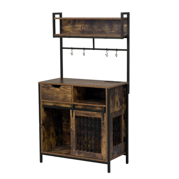 Zephypaws 59" 2-in-1 Rustic Dog Crate Side Cabinet, Farmhouse Kitchen Hutch with Storage, Power Outlets & USB, Pet-Friendly Organizer for Small to Medium Dogs