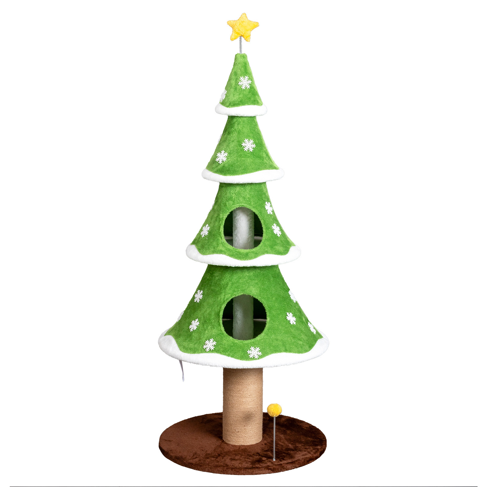 Zephypaws 59" Holiday Cat Tower with 2 Hideaway Condos, Fleece-Covered Levels, Sisal Scratch Post, Hanging Teaser Toy, Broad Base for Stability & Decorative Tree Design, Green & White
