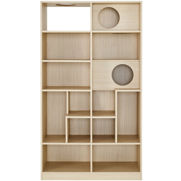 Zephypaws 63" Modern 2-in-1 Bookshelf Cat Tree with Storage, Wooden Cat House & Climbing Shelf, Multi-Functional Cat Furniture, Natural