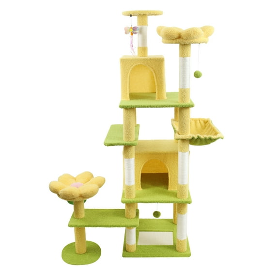 Zephypaws 71" Cat Tree Tower for Indoor Cats, Flower Design with Large Condo, Hammock & Removable Cushions, Yellow & Green