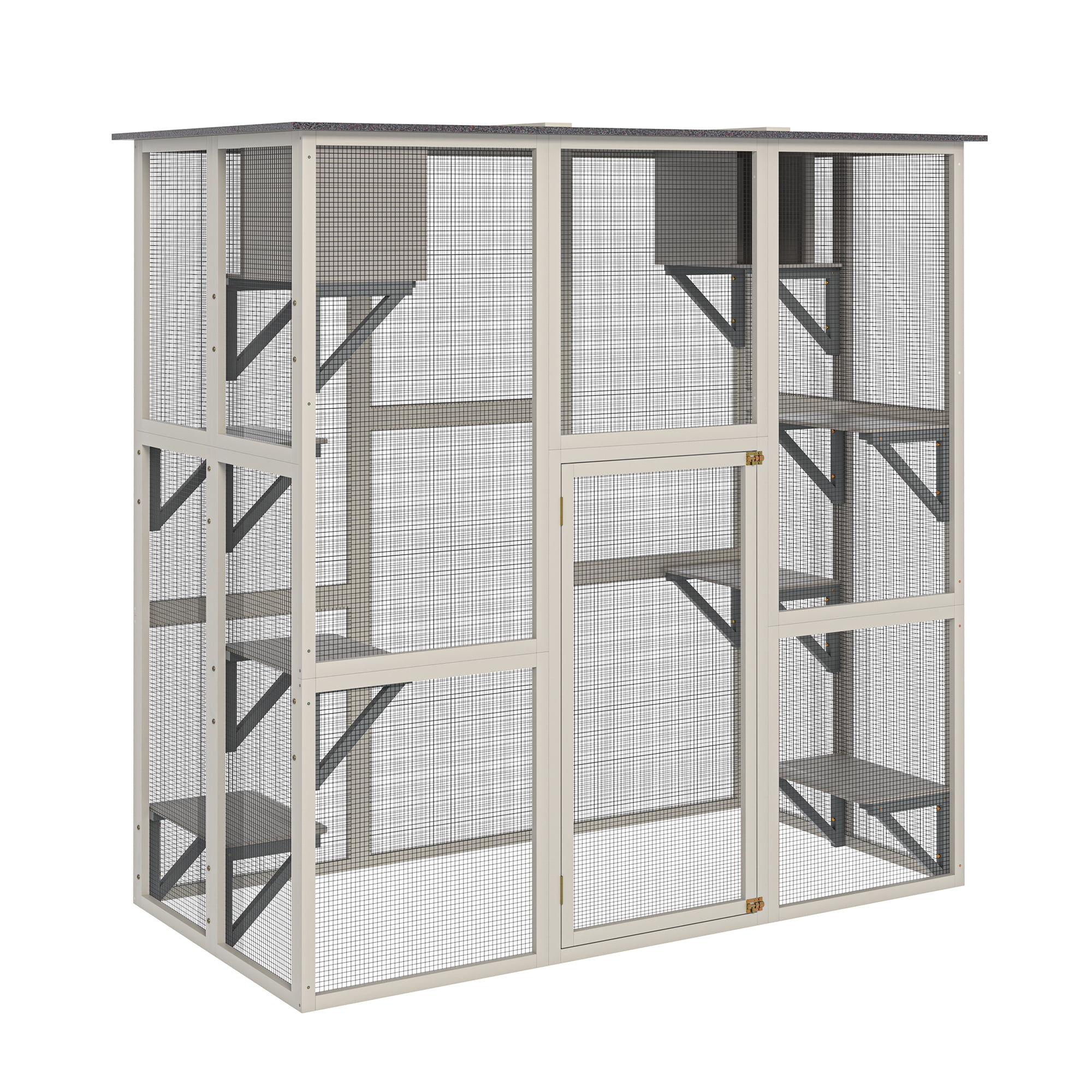 Zephypaws 71in Outdoor Wooden Cat Catio,Large Solid Wood Cat Cage Playpen with 6 Jumping Platforms & 2 Napping Houses,Walk-in Cat Kennel Condo Shelter,Gray