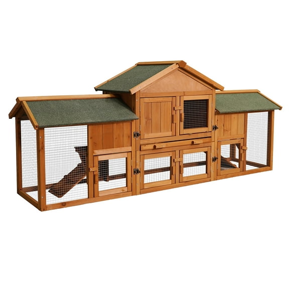 Zephypaws 80" Wooden Rabbit Hutch Bunny Cage,Pet Playpen House Enclosure with Double Side Run Boxes,No Leak Tray,Ramp for Guinea Pig and Small Animals,Orange