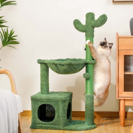 Qiushi Cactus Cat Tree 40" Cat Tower with Hammock, Cat Scratching Post, Green
