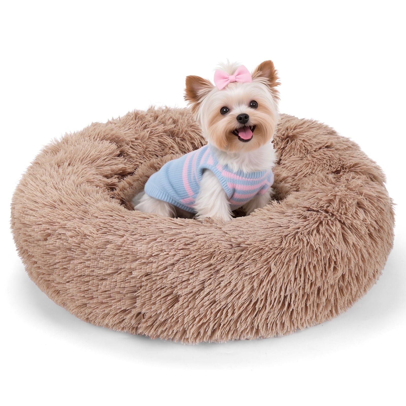 Zephypaws 24in Calming Dog Bed & Cat Bed,Anti-Anxiety Donut Dog Cuddler Bed,Fluffy Faux Fur Plush Dog Cat Cushion Bed for Small Medium Dogs and Cats,Brown