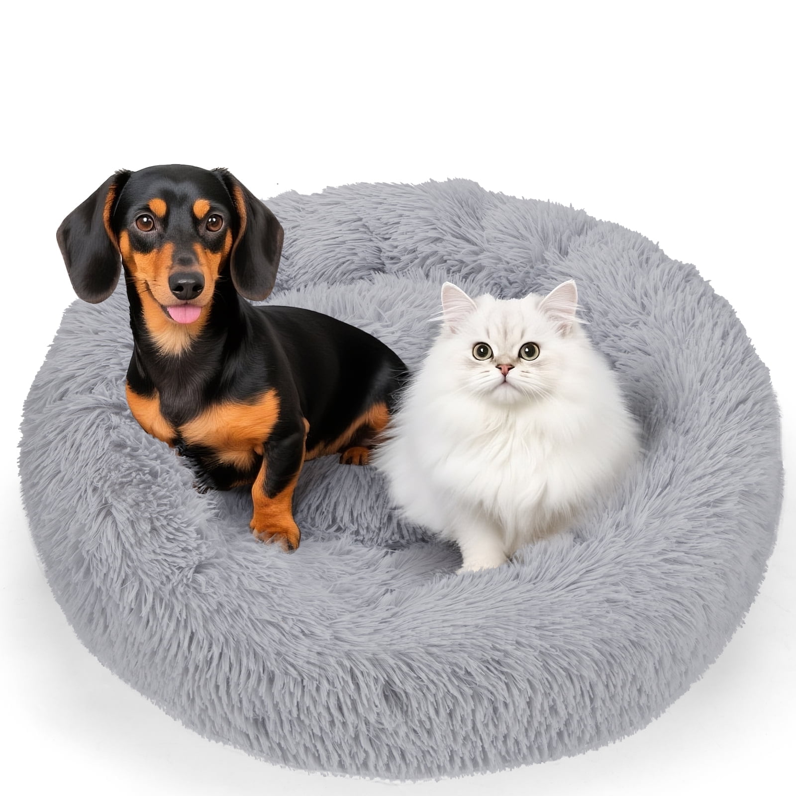 Zephypaws 27in Calming Dog Bed for Small Medium Dogs,Donut Washable Puppy Bed,Anti-Slip Round Fluffy Plush Faux Fur Pet Bed,Gray
