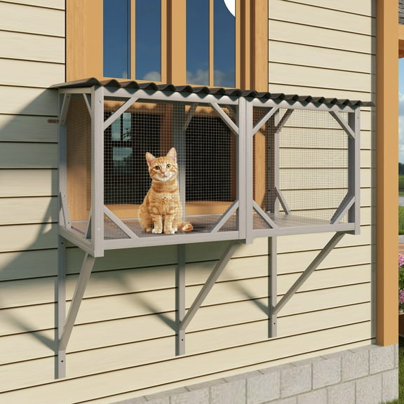 Zephypaws Cat Catio Window Box Enclosure for Indoor Cats, Wooden Pet Window Perch House, Fits Window 23.5" to 39" Wide, All Weather Use, Gray