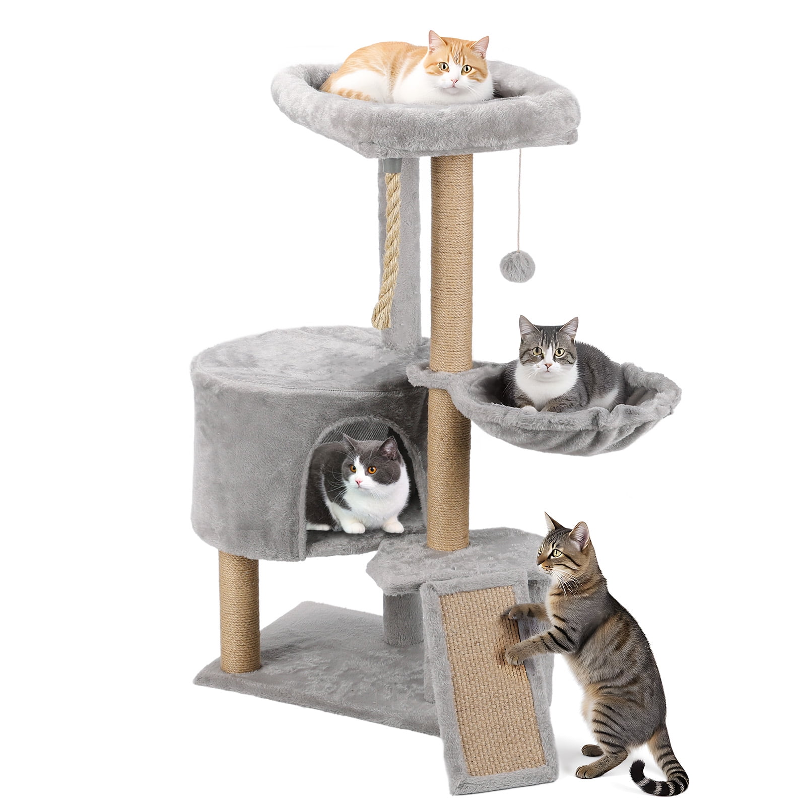 Zephypaws Cat Tree, 42.5-Inches Cat Tower for Indoor Cats, Plush Multi-Level Kitten Cat Condo with Scratching Post,Ramp, Basket, Spacious Cat Cave, Hanging Ball, Light Gray