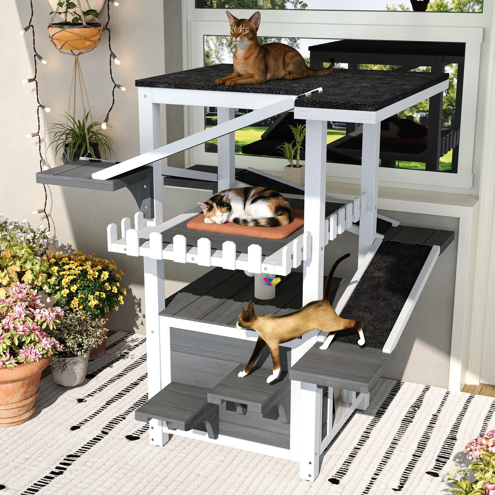 Zephypaws  Cat Tree Outdoor Cat Shelter Weatherproof Feral Cat House Multi-Level Outside Wooden Kitten Condo with Escape Door