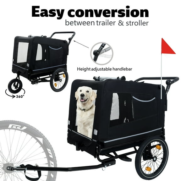 Zephypaws Dog Bike Trailer,Supports up to 88 lbs,2-in-1 Pet Stroller Cart Bicycle Carrier,Easy Folding Cart Frame with Quick Release Wheels,Universal Bicycle Coupler,Reflectors,Flag,Black