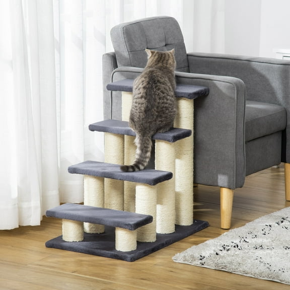 Zephypaws Multi-Step Pet Stairs for High Beds & Sofas,4-Step, with 8 Sisal Scratching Post,Gray White