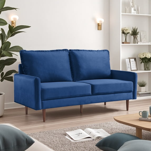 Zephyr 69" Modern Contemporary Sofa, Velvet Upholstered Loveseat Couch with Tassle Sewn Back Cushion, Blue
