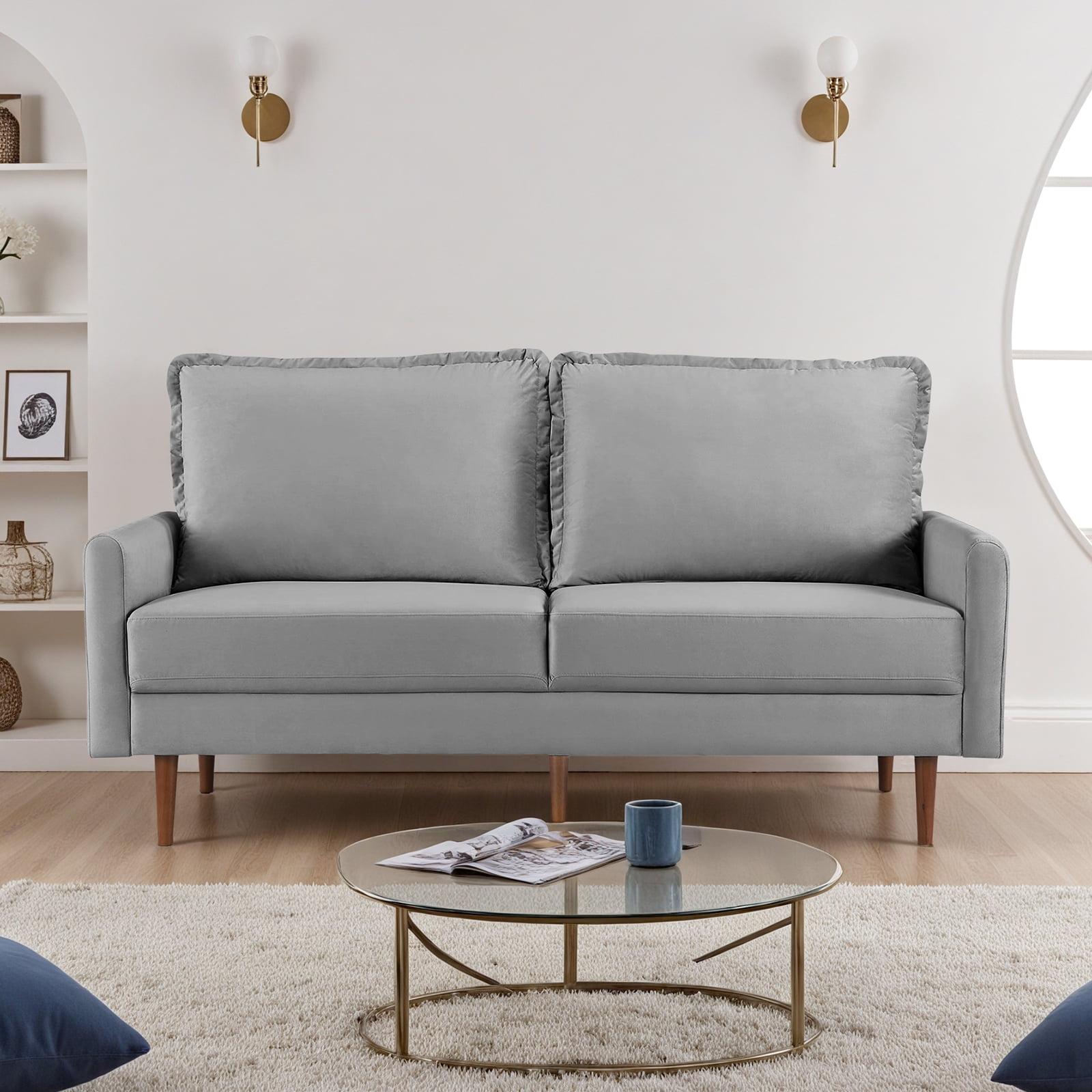 Zephyr 69" Modern Contemporary Sofa, Velvet Upholstered Loveseat Couch with Tassle Sewn Back Cushion, Grey