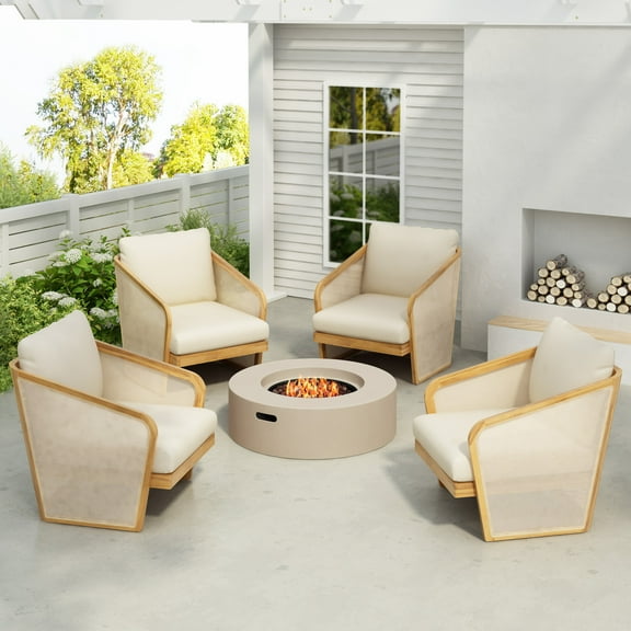 Zephyr Modern Outdoor Patio Mesh Lounge Chair with Cushions, Solid Wood Frame, Beige, Set of 4