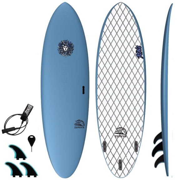 Zephyr Soft Top Midlength Foam Surfboard for Beginners and Kids - Includes Leash + Fins