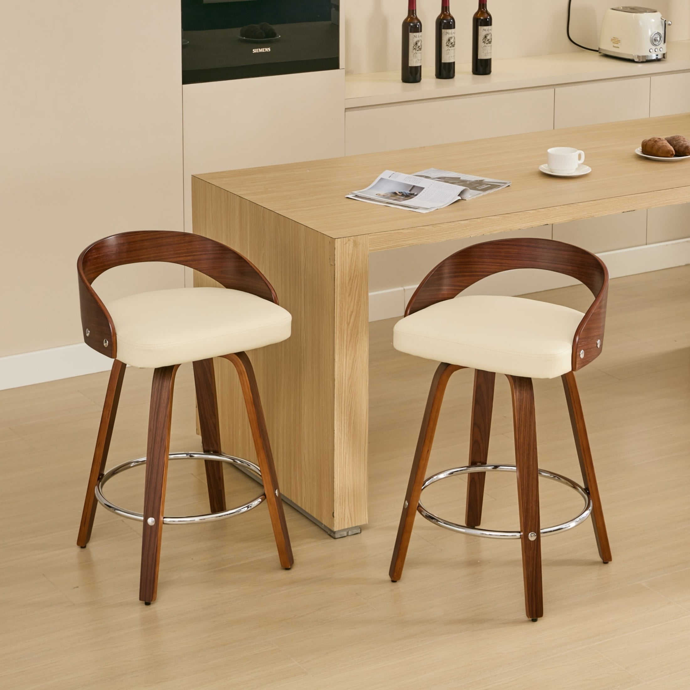 Zephyren 25" H Seat Height Upholstered PU Leather Bar Stools with Footrest, Solid Wood Frame, Beige + Walnut, Set of 2