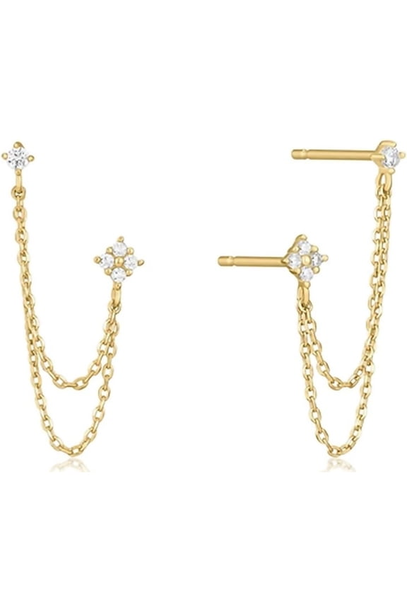 14K Gold Plated Double Stud Chain Earrings for Women, Dainty CZ Crystal Chain Drop Earrings, Cartilage Piercing Threader Earrings(Gold)