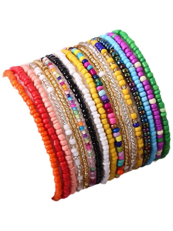 17Pcs Set Elastic Bohemian Beaded Handmade Adjustable Bracelets for Women Boho Beach Anket Bracelet Set Rainbow Handmade Seed Beach Bracelet Summer Jewelry