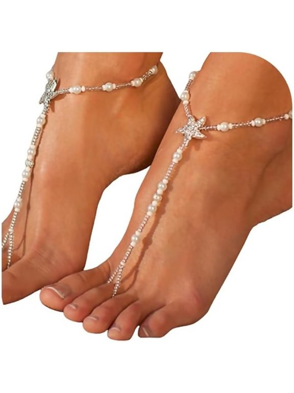 1Pair Summer Beach Rhinestone Tassel Toe Ring Foot Chain Wedding Bridal Crystal Barefoot Anklet Sandal Foot Chain Bikini Body Accessories Jewelry for Women