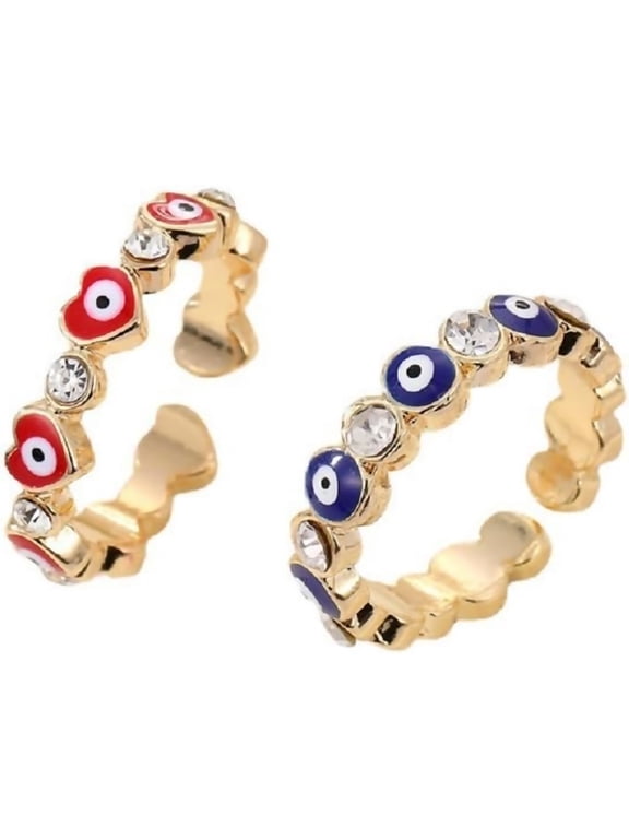 2 Pcs Evil Eye Ring Protective Band CZ Rings Love Heart Lucky Dainty Evil Eye Jewelry Gifts For Women