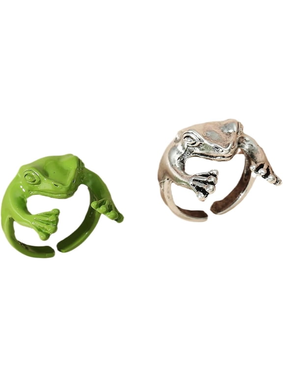 2 Pcs Green Silver Frog Open-Rings for Women Cute Colorful Frog Animals Aesthetics Jewelry for Birthday/New Year/Christmas Gifts