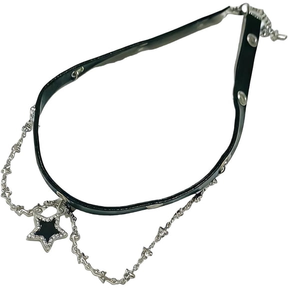 Zephyriana 2000s Star Leather Choker Necklace for Women - Emo Punk Goth Pentagram with Metal Chain, for Outdoor Wedding
