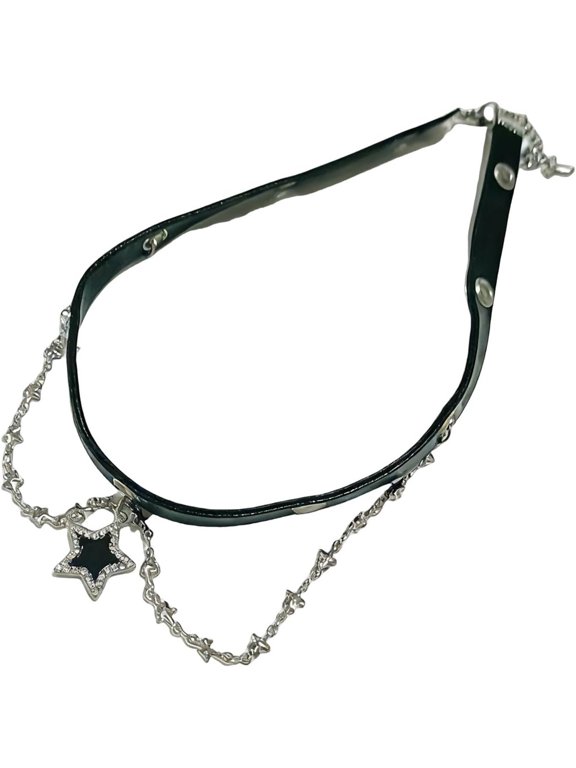 2000s Star Leather Choker Necklace for Women - Emo Punk Goth Pentagram with Metal Chain, for Outdoor Wedding