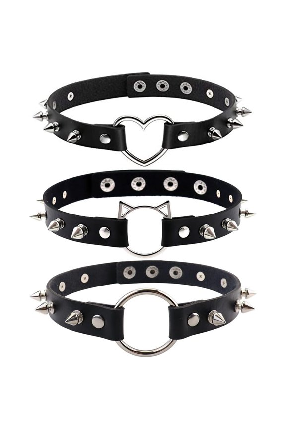 3Pcs Punk Rivet Choker Necklace PU Leather Collar Adjustable Size Neck Accessories