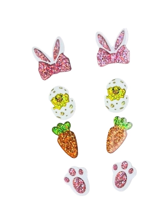 4 Pairs Easter Stud Earrings Set Cute Funny Rabbit Egg Bunny Carrot Colorful Glitter Acrylic Earrings for Women Spring Easter Festive Holiday Jewelry Gift