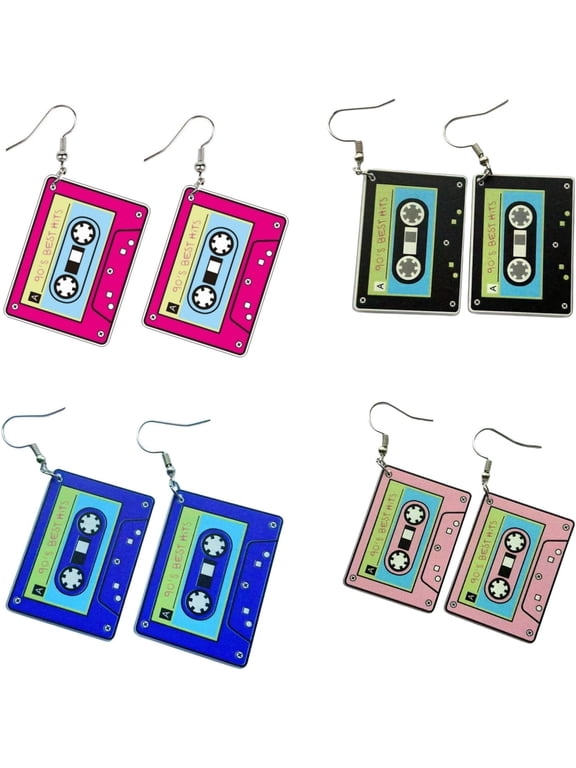 4 Pairs Vintage Cassette Tape Earrings 80s 90s Earrings for Women Retro Geometric Drop Dangle for 80's Outfits Cosplay Glow Party Music Party 70s 80s 90s Accessories