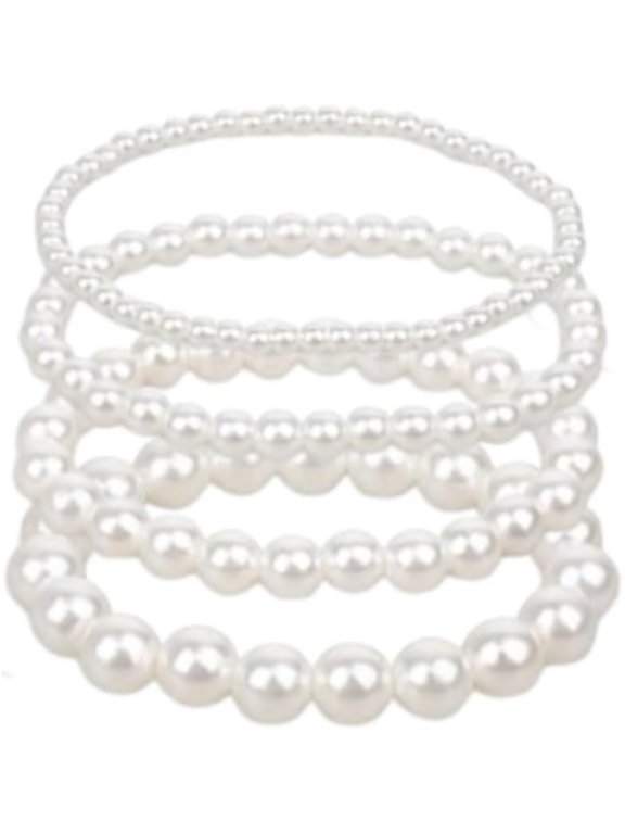 4 Pcs Elegant White Pearl Stretch Bridesmaid Bracelets Bridal Wedding Elastic Bracelet Stackable Faux Pearl Beaded Bracelets for Lady Jewelry