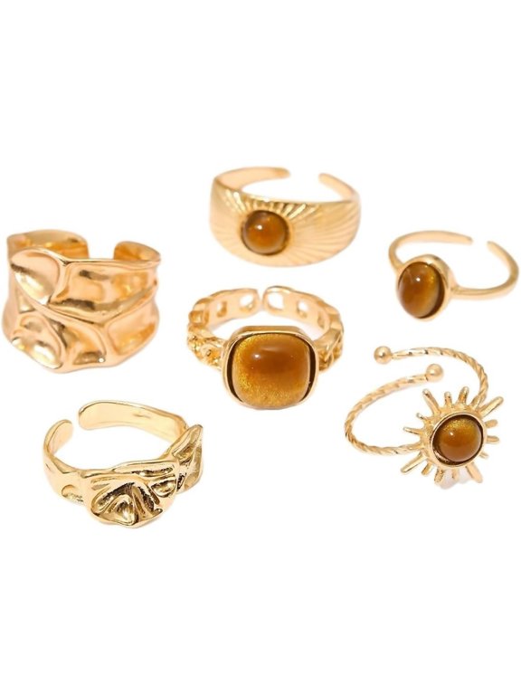 6PCS Gold Tigers Eye Stone Rings Sun Stackable Chunky Gemstone Ring Adjustable Open Statement Rings Prom Fashion Jewelry for Women